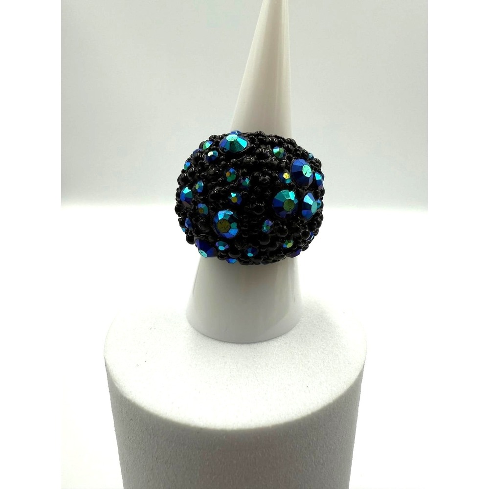 Black Dome Cocktail Ring Teal Blue Iridescent Rhinestone Statement Band Size 7.5